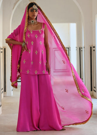 Bright pink short kurta with palazzo and dupatta
