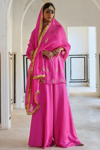Bright pink short kurta with palazzo and dupatta