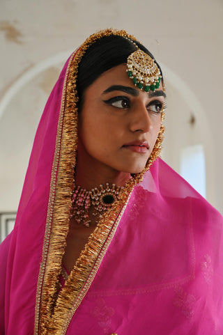Bright pink short kurta with palazzo and dupatta