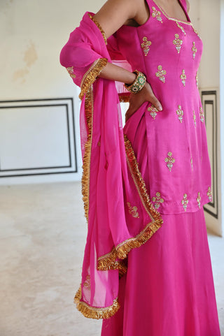 Bright pink short kurta with palazzo and dupatta
