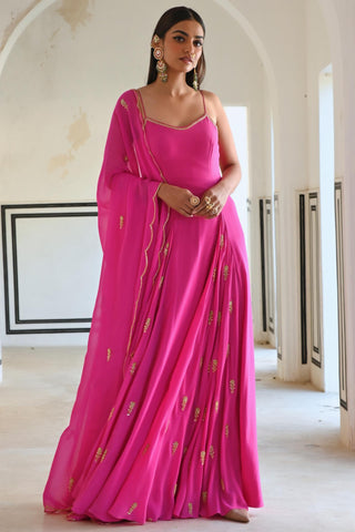 Bright pink rahi floor-length anarkali with dupatta