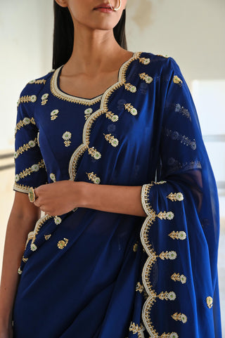 Royal blue rahi saree with raglan sleeve blouse