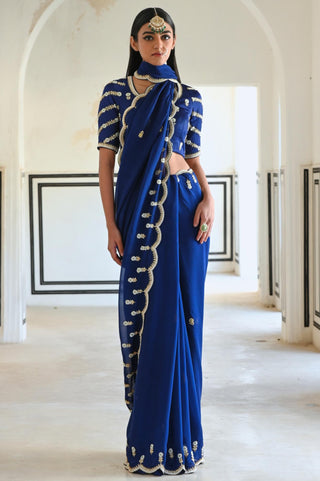 Royal blue rahi saree with raglan sleeve blouse