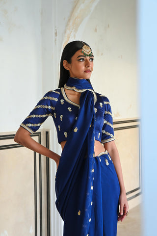 Royal blue rahi saree with raglan sleeve blouse