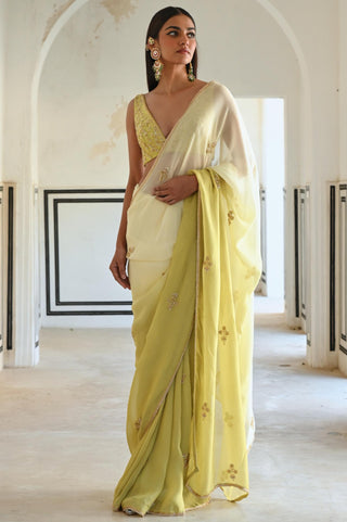 Olive-green rahi saree with deep blouse