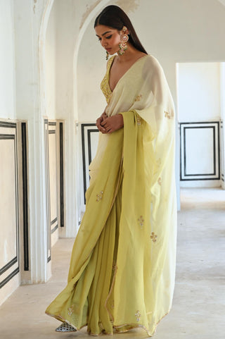 Olive-green rahi saree with deep blouse