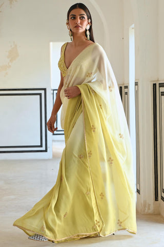 Olive-green rahi saree with deep blouse