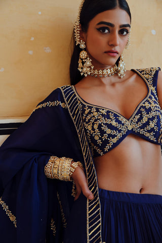 Royal blue rahi blouse with lehenga and dupatta