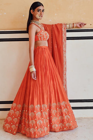 Orange rahi blouse with lehenga and dupatta