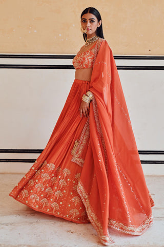 Orange rahi blouse with lehenga and dupatta