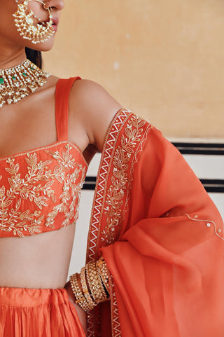 Orange rahi blouse with lehenga and dupatta