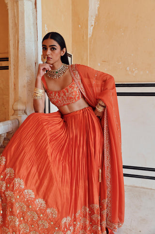 Orange rahi blouse with lehenga and dupatta