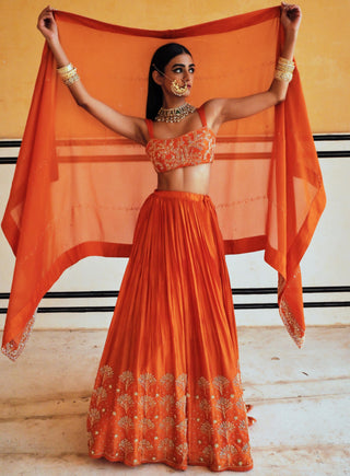 Orange rahi blouse with lehenga and dupatta