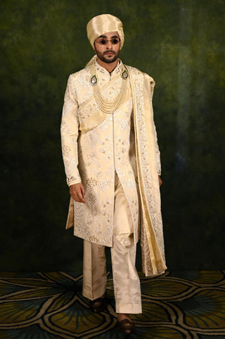 Ivory Sherwani Set for Indian Wedding - Crepe Threadwork by Rachit Khanna