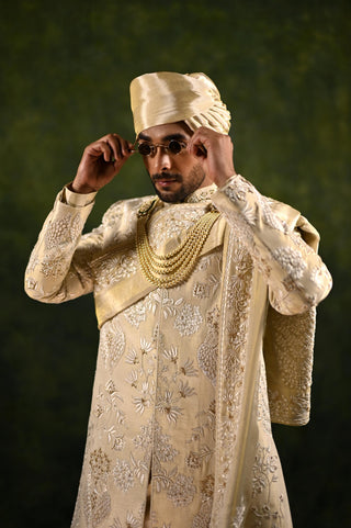 Ivory Sherwani Set for Indian Wedding - Crepe Threadwork by Rachit Khanna