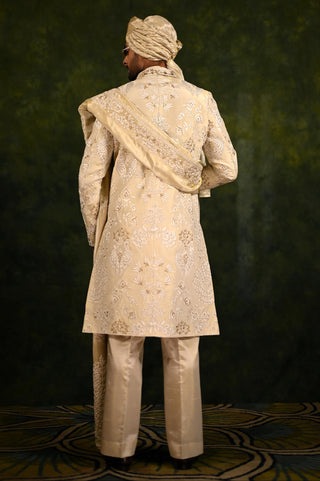 Ivory Sherwani Set for Indian Wedding - Crepe Threadwork by Rachit Khanna
