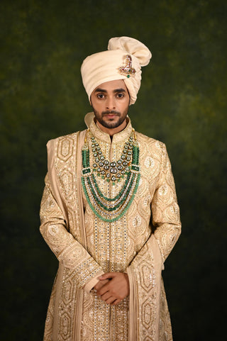 Gold Sherwani Set for Indian Wedding - Pale Embellished by Rachit Khanna