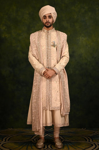 Sherwani Set for Indian Wedding - Beige Dabka Edit by Rachit Khanna