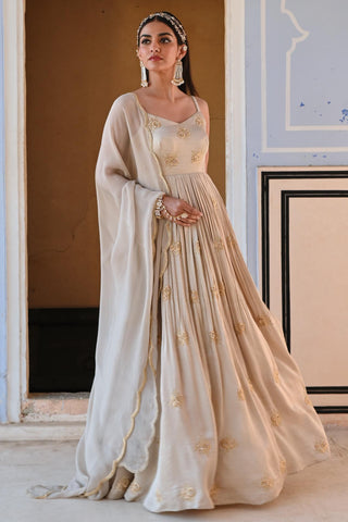 Gray rahi length anarkali with dupatta
