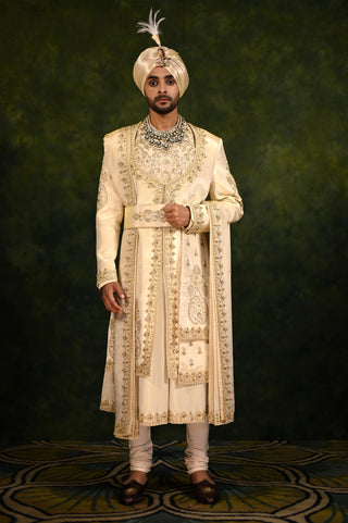 Sherwani Set for Indian Wedding - Gold Angrakha Couture by Rachit Khanna