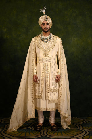 Sherwani Set for Indian Wedding - Gold Angrakha Couture by Rachit Khanna