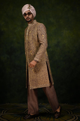 Sherwani Set for Indian Wedding - Brown Tilla Heritage by Rachit Khanna