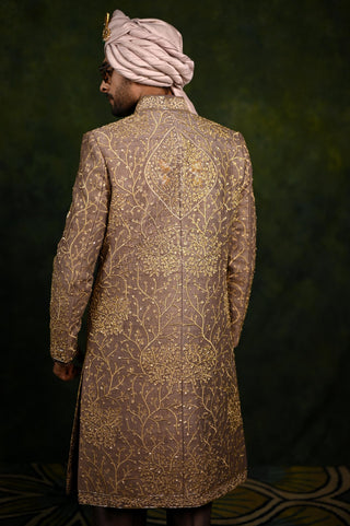 Sherwani Set for Indian Wedding - Brown Tilla Heritage by Rachit Khanna