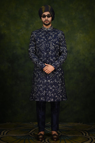 Sherwani Set for Indian Wedding - Navy Threadwork Edit by Rachit Khanna