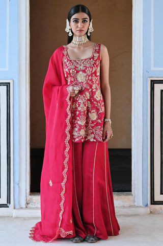 Red rahi short kurta with palazzo and dupatta