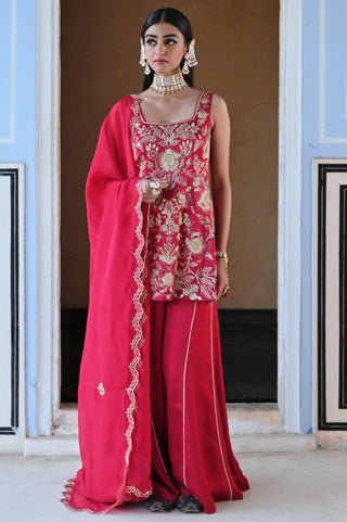 Red rahi short kurta with palazzo and dupatta