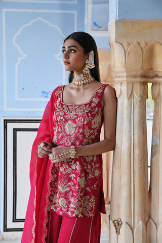 Red rahi short kurta with palazzo and dupatta