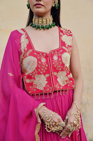 Fuchsia pink rahi lehenga with blouse and dupatta