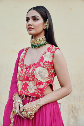 Fuchsia pink rahi lehenga with blouse and dupatta