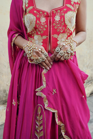 Fuchsia pink rahi lehenga with blouse and dupatta