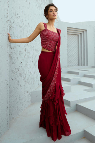Saree Indian Wedding - Red Estelle Corset Pre-Drape by Chamee & Palak