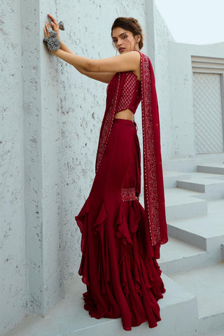 Saree Indian Wedding - Red Estelle Corset Pre-Drape by Chamee & Palak