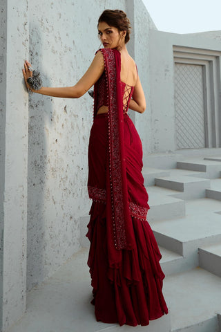 Saree Indian Wedding - Red Estelle Corset Pre-Drape by Chamee & Palak