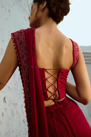 Saree Indian Wedding - Red Estelle Corset Pre-Drape by Chamee & Palak