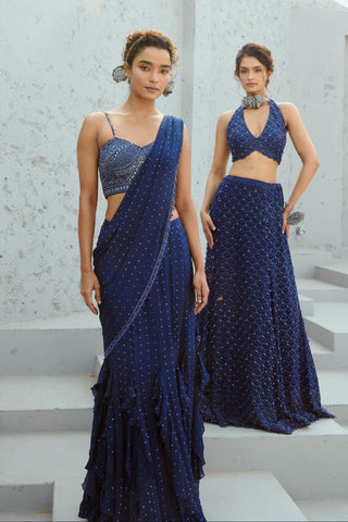Saree Indian Wedding - Blue Stella Pre Drape by Chamee & Palak