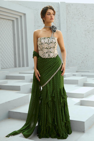 Saree Indian Wedding - Green Bianca Corset Pre-Drape by Chamee & Palak