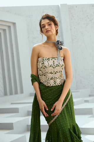 Saree Indian Wedding - Green Bianca Corset Pre-Drape by Chamee & Palak