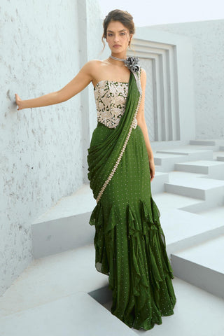 Saree Indian Wedding - Green Bianca Corset Pre-Drape by Chamee & Palak