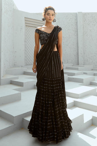 Saree Indian Wedding - Black Sky Pre Drape by Chamee & Palak
