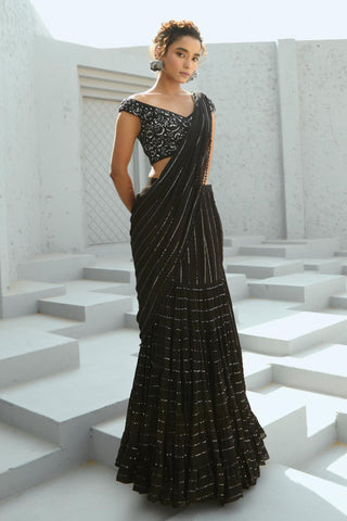 Saree Indian Wedding - Black Sky Pre Drape by Chamee & Palak