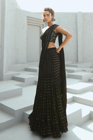 Saree Indian Wedding - Black Sky Pre Drape by Chamee & Palak