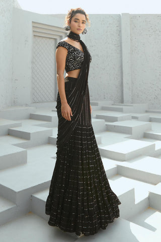 Saree Indian Wedding - Black Sky Pre Drape by Chamee & Palak