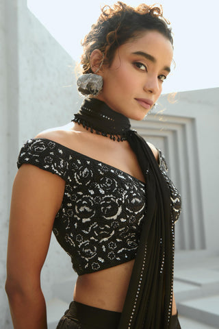 Saree Indian Wedding - Black Sky Pre Drape by Chamee & Palak