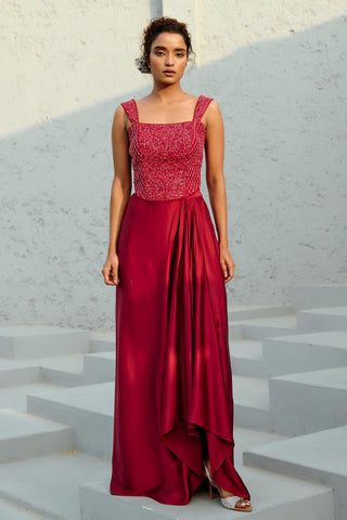 Skirt Set Indian Wedding - Red Estelle Drape by Chamee & Palak