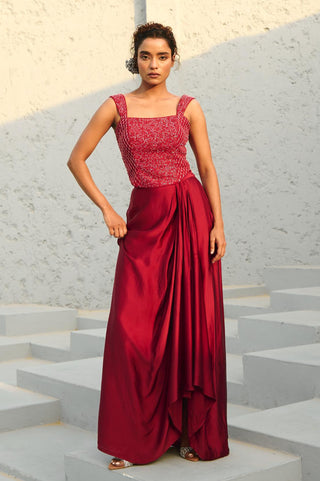 Skirt Set Indian Wedding - Red Estelle Drape by Chamee & Palak