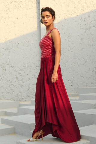 Skirt Set Indian Wedding - Red Estelle Drape by Chamee & Palak